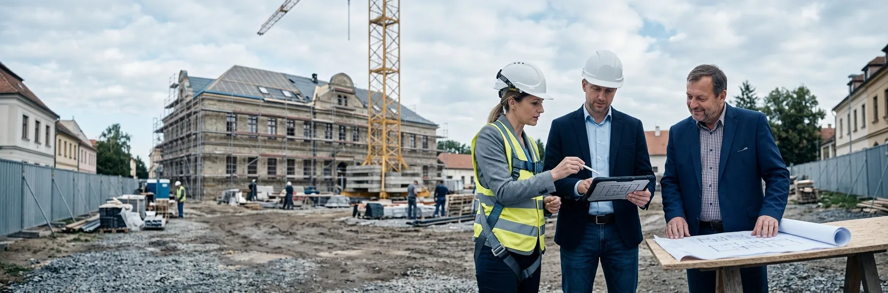 Konzultanti s představitelem obce nad projektovou dokumentací na stavbě rekonstruované veřejné budovy